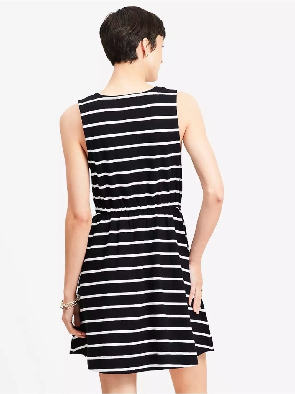 LOFT Striped V-Neck Drawstring Mini Pocket Dress - Black & White, size XS - Picture 3 of 9